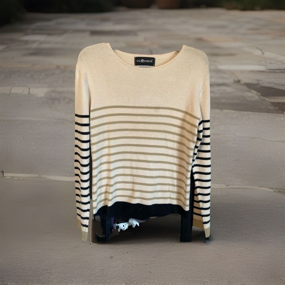 Sag Harbor Women’s Cream Striped Sweater Size Small Long Sleeved Stretch Casual